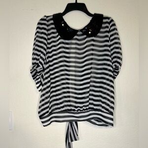 Bisou Bisou Striped Sheer Blouse back tie XL